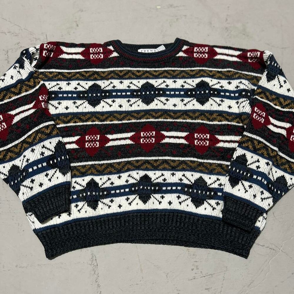 **Vintage Trend Green and White Basics Grandpa Fair Isle Acrylic Sweater**